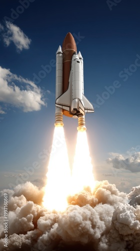 Rocket launches into the sky, creating smoke and light against a blue background with bright sunlight visible in the scene