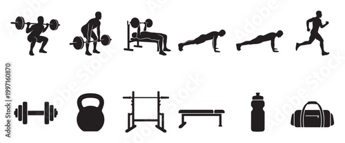 A collection of black silhouettes depicting various gym exercises and equipment, ideal for health and fitness content.