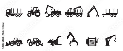 A collection of black and white silhouette icons representing various construction and industrial machinery, ideal for technical illustrations and design projects.