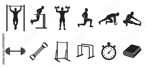 Collection of black silhouette icons representing various fitness activities, equipment, and exercises, perfect for health and wellness themes.