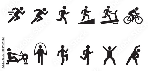 Collection of simple black fitness and exercise icons depicting running, cycling, rowing, jump rope, and stretching activities against a clean white background.