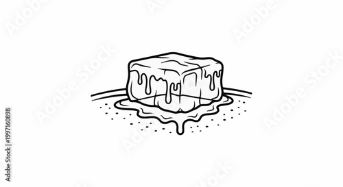 A hand-drawn illustration of a melting ice cube with water droplets