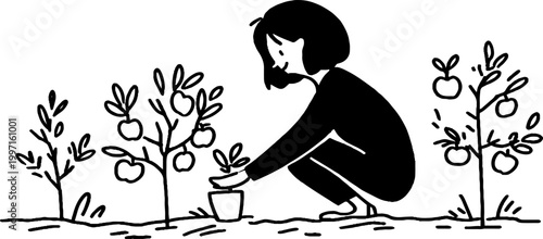 Woman planting seedling while kneeling in outdoor garden row