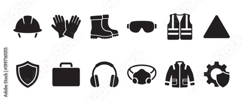 A collection of black silhouette icons representing various safety equipment essential for construction and industrial work.