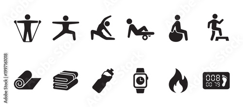 A collection of black fitness icons showcasing diverse exercises, workout equipment, and health tracking symbols on a clean white background.