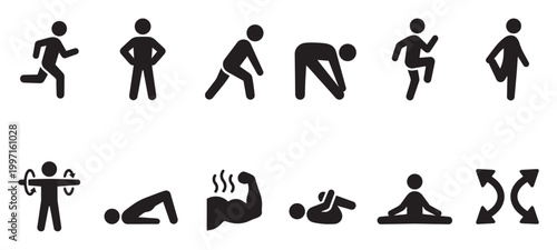 A collection of black silhouette icons depicting various fitness and exercise activities, including running, stretching, and strength training, on a white background.