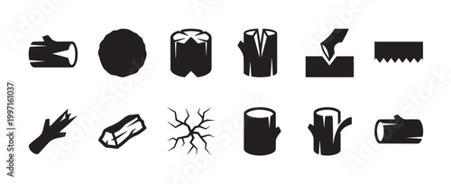 A collection of black vector icons representing different types of wood logs, stumps, and tools for logging and woodworking on a white background.