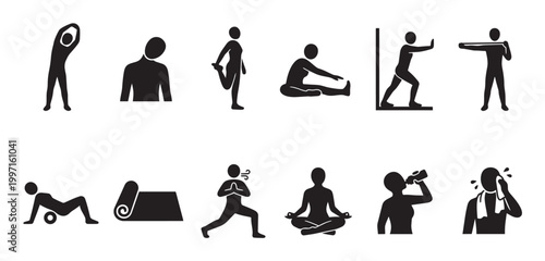 A collection of black fitness icons depicts various exercises including stretching yoga meditation and hydration on a white background representing health and wellness activities.