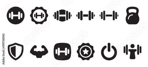 A clean, modern collection of black fitness and workout icons presented on a white background, perfect for sports and health-related designs.