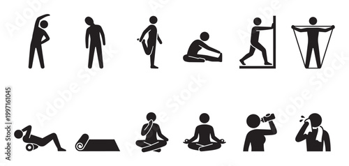A collection of black and white pictogram icons depicting various fitness activities like stretching, yoga, and exercise with equipment on a white background.