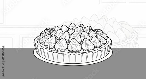 A hand-drawn illustration of a delicious strawberry tart on a gray surface