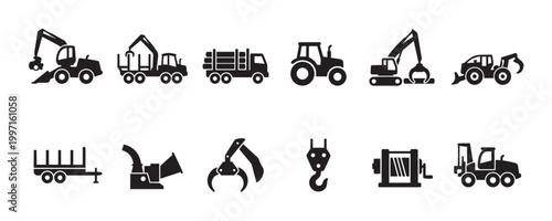 A collection of black and white vector icons depicting various heavy machinery used in construction and forestry, including excavators, trucks, and tractors.