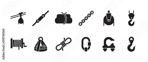 Set of black silhouette icons depicting various construction and lifting equipment such as hooks, pulleys, chains, and ropes, isolated on a white background for versatile use.