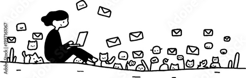 Person sitting using laptop amid mail and cats outdoors