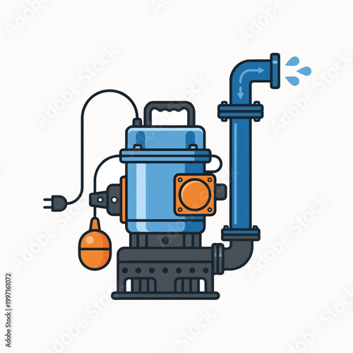 A blue submersible pump with a float switch and outlet pipe is shown in a flat design with water splashing.