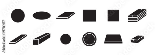 A collection of simple black geometric shapes and abstract forms representing various materials, ideal for design elements and icons.