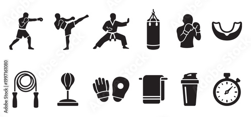A collection of black silhouette icons representing martial arts, boxing, and fitness activities including fighters, punching bag, jump rope, gloves, towel, and stopwatch.
