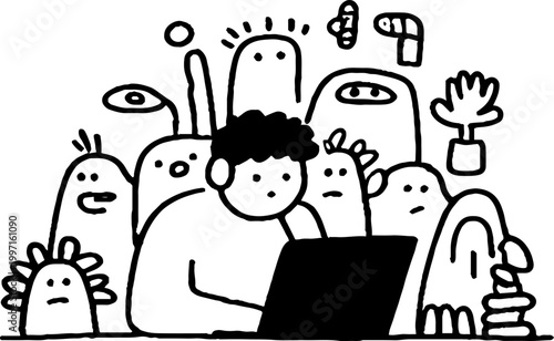 Person working on laptop surrounded by imagined creatures