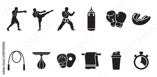 A collection of black silhouette icons depicting various martial arts and boxing equipment and figures, perfect for fitness and sports-related designs.