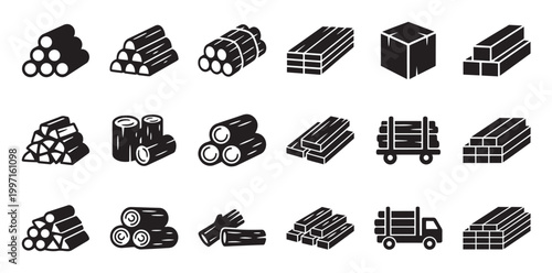 A collection of minimalist black and white icons illustrating various forms of wood materials, including logs, lumber stacks, and transport vehicles.