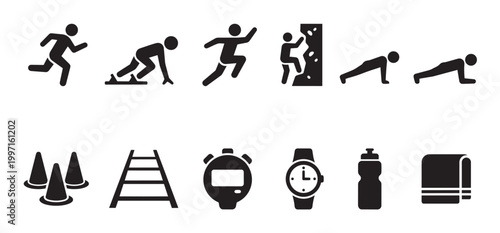 A collection of black silhouette icons representing various sports and fitness activities including running, climbing, and exercises, along with training equipment for active lifestyle concepts.
