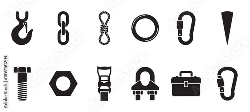 A collection of black vector icons representing various industrial hardware and rigging equipment, presented on a clean white background for versatile use.