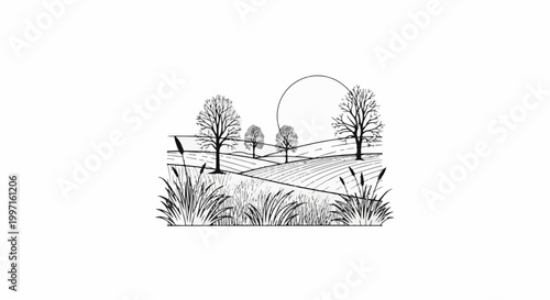 A serene, hand-drawn depiction of rolling fields with trees and tall grasses under a curved horizon