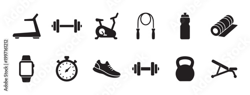 A collection of black and white vector icons representing various fitness and exercise equipment, suitable for digital and print design.