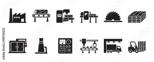 Set of black and white icons representing elements of industrial production and manufacturing processes, including factory, machinery, and logistics.