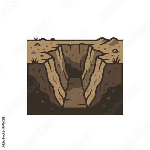 An illustration depicts a cross-section of the earth showing a deep, narrow trench dug into the ground.