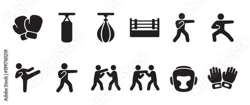 A collection of black and white silhouette icons representing boxing, including gloves, punching bags, a ring, and fighters in action, suitable for sports and fitness themes.