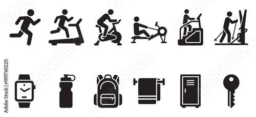 A collection of black and white vector icons representing various fitness activities, gym equipment, and personal items, perfect for health and lifestyle content.