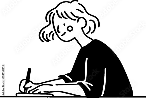 Young woman writing at desk leaning over paper indoors