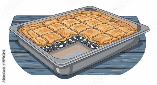 A pan of freshly baked layered pastry filled with a sweet nutty filling