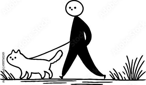 Person walking cat on grassy path outdoors in simple sketch