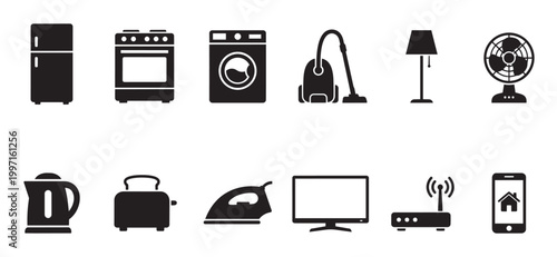 A clean, minimalist collection of black icons representing essential household appliances and smart home technology, perfect for design projects.