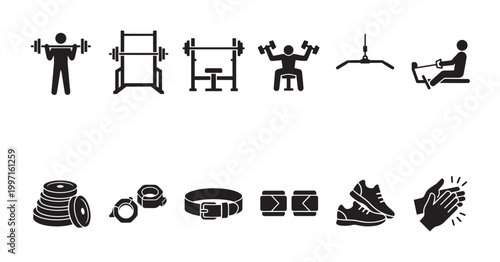 A collection of black silhouette icons representing various gym equipment and fitness activities for a workout session, emphasizing health and exercise.