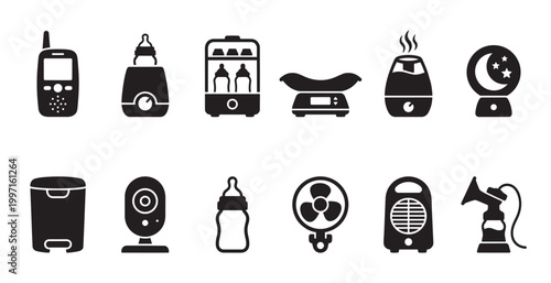 Collection of black silhouette icons representing various baby care and nursery items, including a bottle warmer, scale, humidifier, and baby monitor, on a white background.