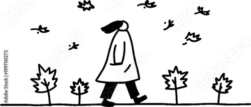 Person walking among small trees on leaf strewn path sketch