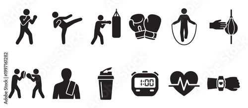 Collection of black silhouette icons representing various fitness and workout activities including boxing, jump rope, and health monitoring.