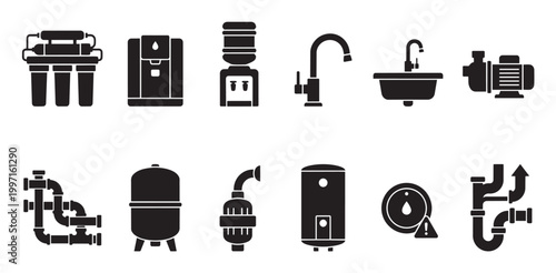 A collection of black silhouette icons representing various water filtration and plumbing system components, including filters, pumps, faucets, and pipes.