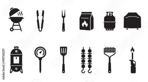 Collection of black silhouette icons representing various barbecue tools and equipment for outdoor cooking and grilling, perfect for culinary concepts.