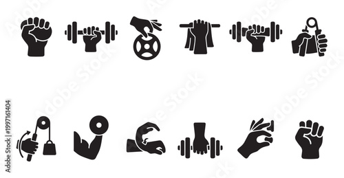 A collection of black and white icons depicting various human hands engaged in fitness activities like weightlifting and grip strengthening.