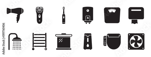 A collection of black silhouette icons representing various bathroom appliances like a hairdryer, shaver, toothbrush, scale, shower, and fan.