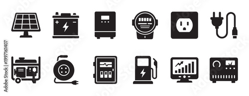A collection of black vector icons representing various aspects of energy and electricity, including solar power, batteries, and generators.