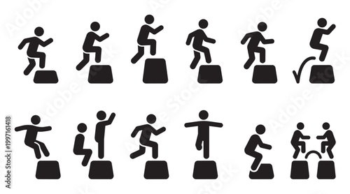 Black icons depict various exercises and movements performed on steps, illustrating fitness, health, and athletic training in a clean, vector style.