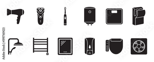 A collection of black silhouette icons representing various bathroom appliances and fixtures, perfect for design projects related to home, hygiene, and renovation.