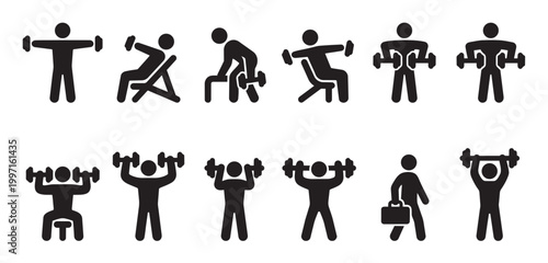 Collection of stylized black silhouette icons depicting various weightlifting and fitness exercises for men on a clean white background.