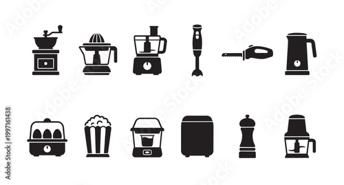 A collection of black silhouette icons representing various kitchen appliances including grinders, juicers, blenders, kettles, and more on a white background.