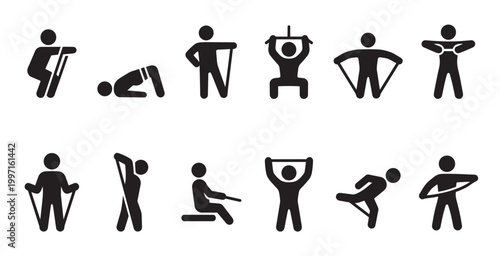 A collection of black and white pictogram icons illustrating various fitness exercises, stretching, and weight training movements for health and wellness concepts.